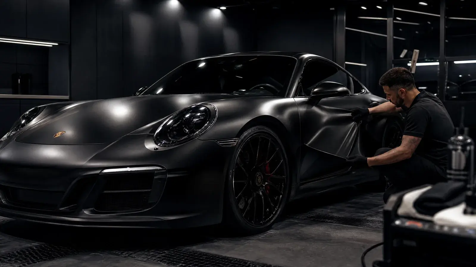 Technician applying paint protection film in the studio