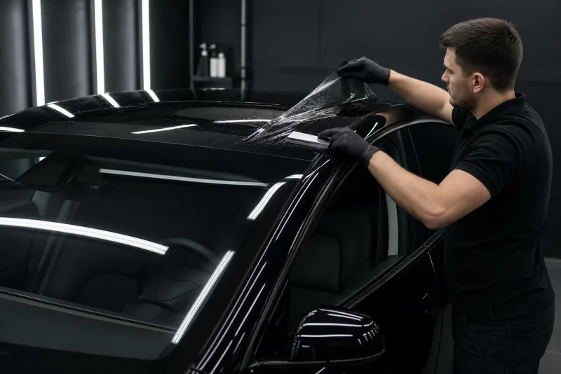 Technician applying window film to a dark vehicle in the studio