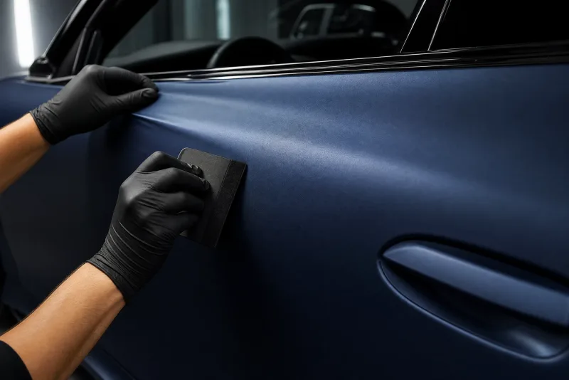 Installer smoothing a dark vinyl wrap onto a vehicle door
